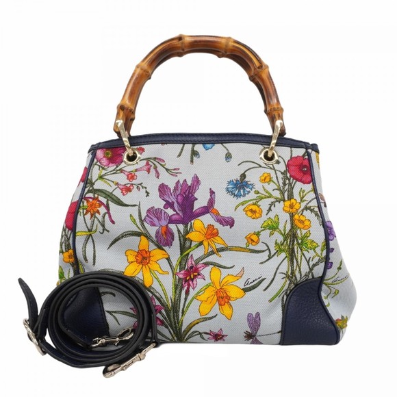 Gucci Bamboo Flora Handbag 336032 Canvas Multicolor Champagne Women's - Picture 1 of 16